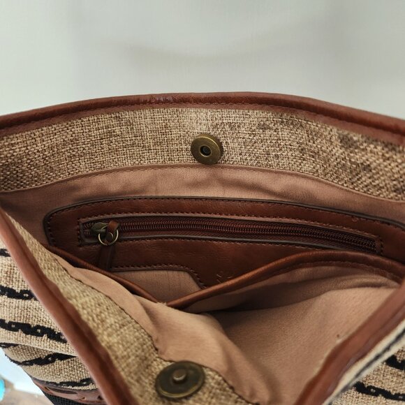Lucky Brand Purse Tan Brown Natural Linen Faux Leather Bucket Hobo Crossbody Bag - Picture 10 of 13